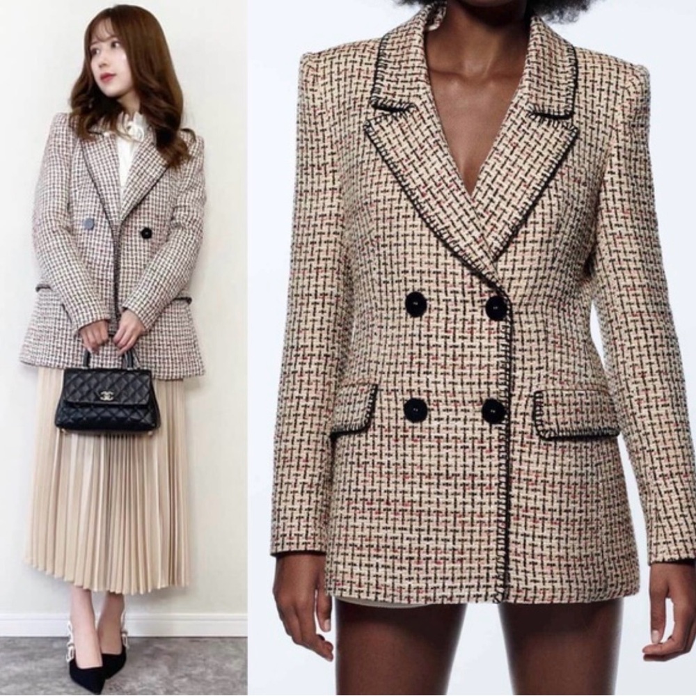 Zara Cream, Pink & Black Double Breasted Tweed Jacket like New Size XS